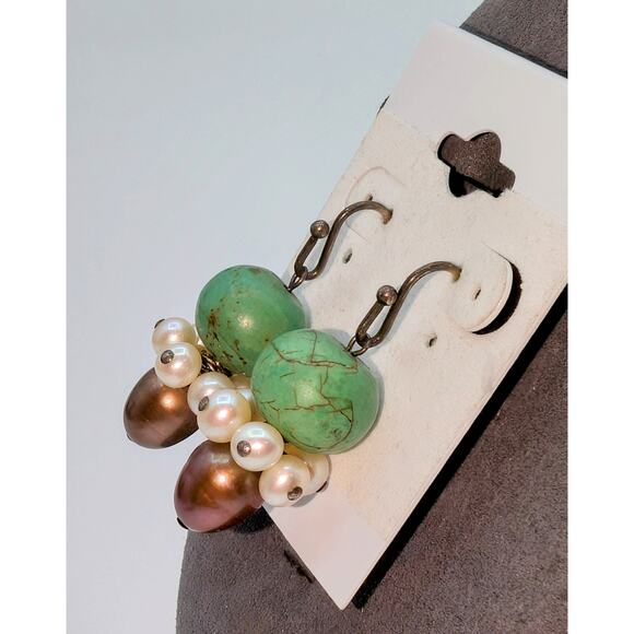 VTG 925 Green Turquoise Freshwater White and Chocolate Pearl Dangle Earrings - Picture 2 of 4
